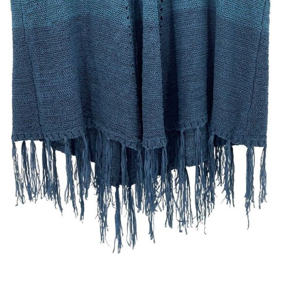 Max Sport Dark Ink Combo Fringed Poncho Sweater V-Neck S/M Blue MX13506-1 NWT - Picture 3 of 11